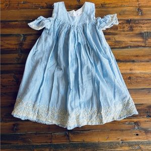 Blue and White Seersucker Dress with Gold Design